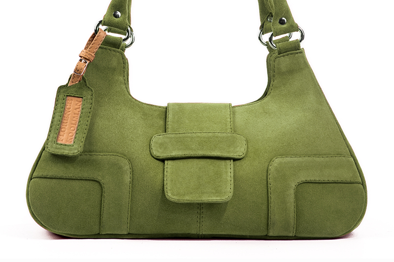 Pistachio green women's dress handbag, matching pumps and belts. Profile view - Florence KOOIJMAN